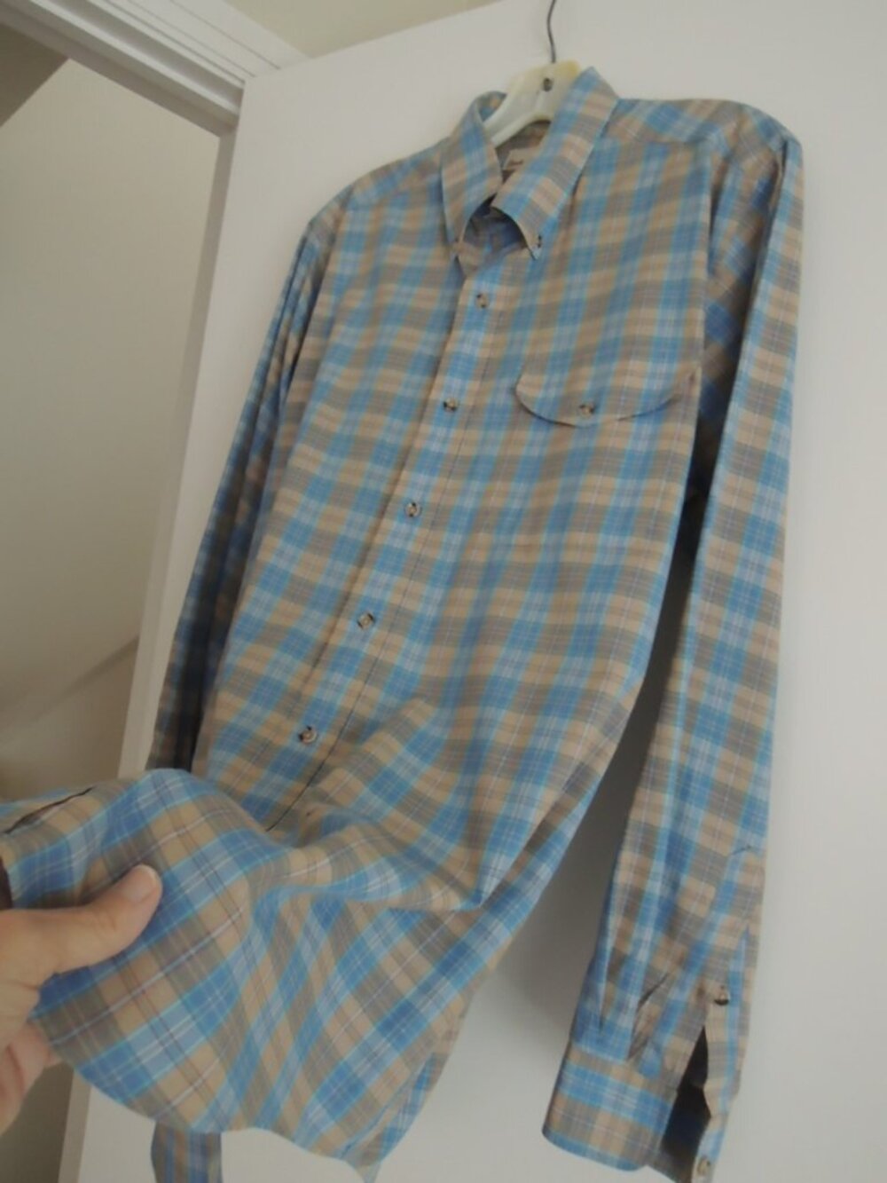 Mens Shirt Size M Lt Blue + Tan Plaid STANLEY BLACKER L/S Button Down Shirt NWOT